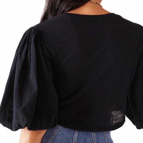 FREE PEOPLE COTTON SWEET SPOT TOP IN BLACK CROPPED FIT PUFF SLEEVE RUNCHING SZ S - Picture 5 of 8